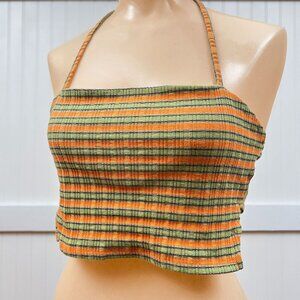 Silence and Noise Ribbed Stripe Halter Crop Top Orange Green Black Neck Tank Y2K